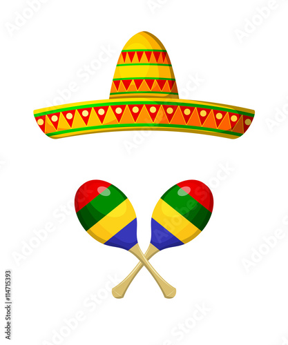 National Mexican sombrero and maracas on a white background. Obj