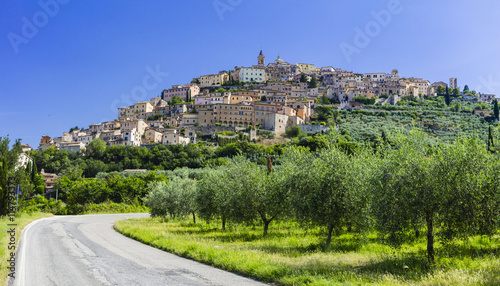 Italy, scenic Umbria region. View of beautiful medieval Trevi town with olive trees
