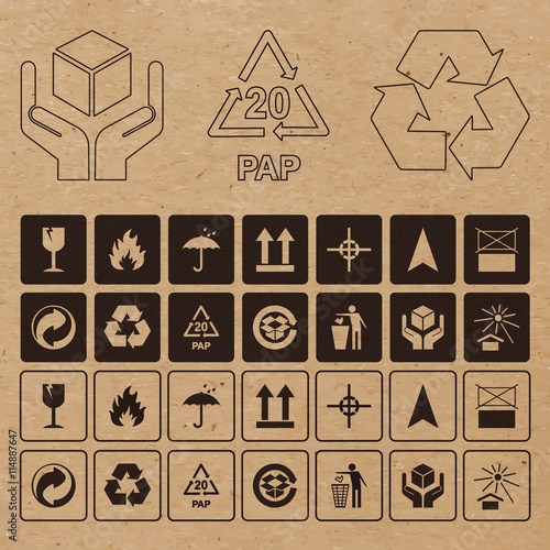 Set of vector packaging symbols on craft paper background. Icon set including waste recycling, fragile, flammable, this side up, handle with care and other caution signs.