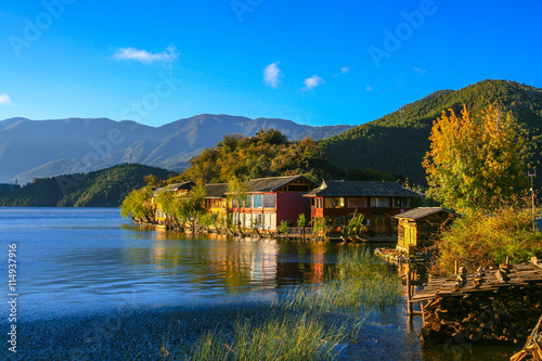 Peaceful view of the Lugu lake in the morning
