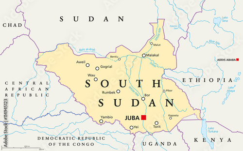 South Sudan political map with capital Juba, national borders, important cities, rivers and lakes. Illustration with English labeling and scaling.
