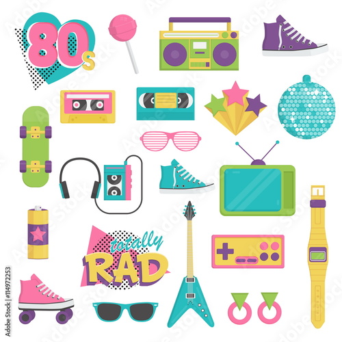 Collection of vintage retro 1980s style items that symbolize the 80s decade fashion accessories, style attributes, leisure items and innovations.