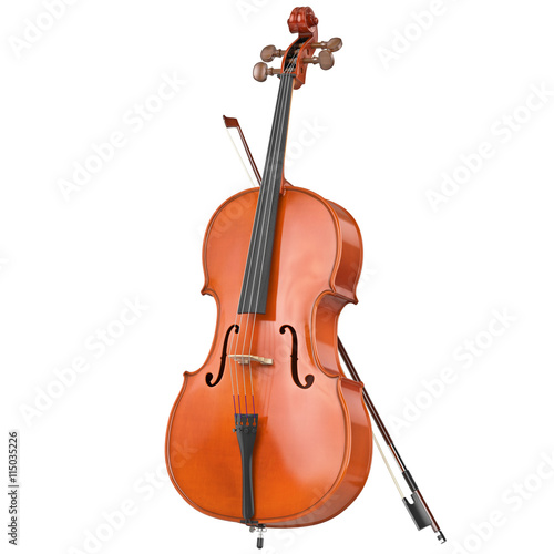 Classic wooden cello with brown bow. 3D graphic