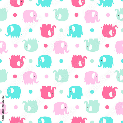 Cute flat elephant. Vector seamless pattern with fun color elephants silhouette and dots. Sweet background for babies and children. Pastel colors - pink and green on white background.