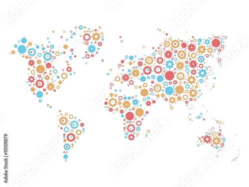 World map mosaic of cog wheels in three colors on white background. Industrial theme. Vector illustration.