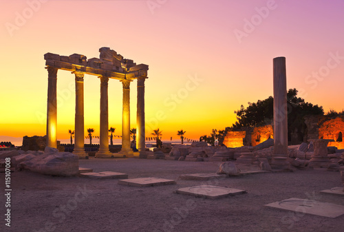 Old ruins in Side, Turkey at sunset