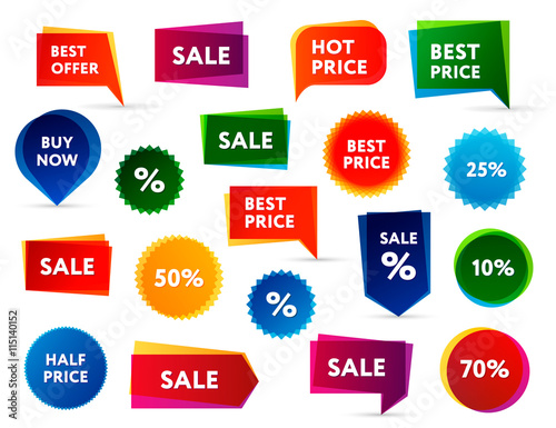 Big set of colorful sale banners in different shapes.
