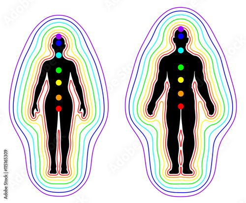 Human aura and chakras on white background - vector illustration