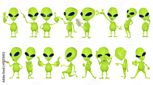 Vector set of funny green aliens illustrations.