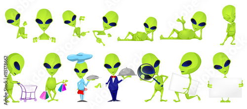 Vector set of funny green aliens illustrations.