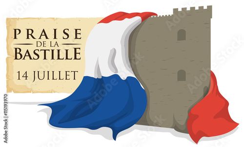 Bastille Fortress with France Flag and Scroll Remembering the Storming, Vector Illustration