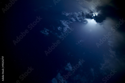The moon behind the clouds in the night sky.