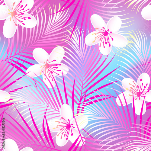 Tropical frangipani hibiscus with pink palms seamless pattern