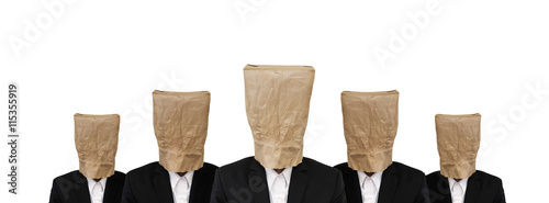  Five businessman in suit with brown paper bag on head