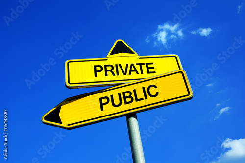 Private or Public - Traffic sign with two options - services and companies owned by state or private businessman. Socialist / Capitalist question of privatization, school system, health service