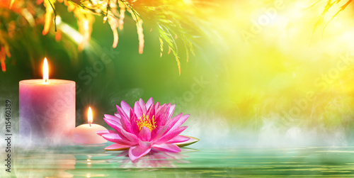 Spa - Serenity And Meditation With Candles And Waterlily In Zen Garden 