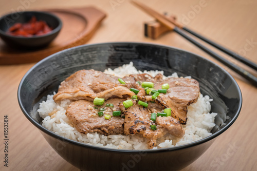 Roasted pork with japanese rice in bowl