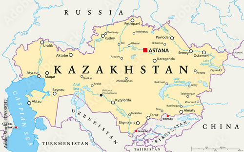 Kazakhstan political map with capital Astana, national borders, important cities, rivers and lakes. Republic in Central Asia and the worlds largest landlocked country. English labeling. Illustration.