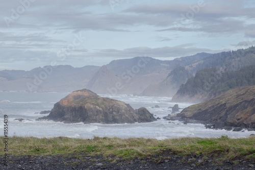 Oregon Coastline With Cliffs, Sea Stacks and Fog
