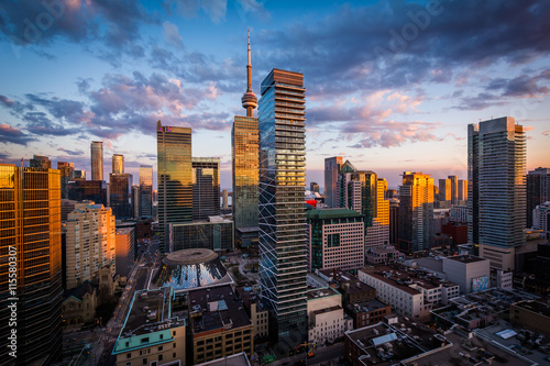 View of modern buildings at sunset in downtown Toronto, Ontario.