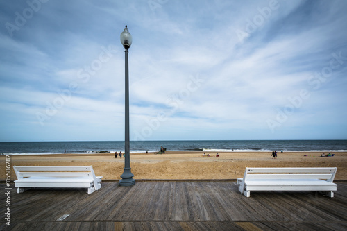 Benches on the boardwalk in Rehoboth Beach, Delaware.