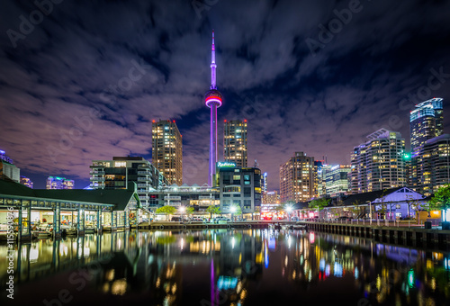 Buildings at the Harbourfront at night in Toronto, Ontario.