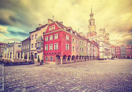 Vintage stylized Old Market Square and Town Hall in Poznan, Poland.