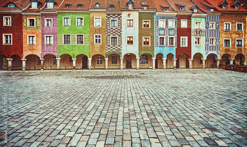 Vintage stylized colorful houses in Poznan Old Market Square, Poland.