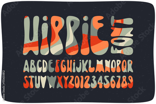 Smooth hippie font with wavy psychedelic seamless pattern. Vintage rounded alphabet.