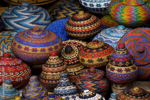 Bali Art Market. The village of Ubud boasts of having a thriving arts and crafts market. Here are some colorful beaded baskets all handmade.