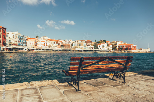 empty bench with view of the old port in Chania, Crete, Greece