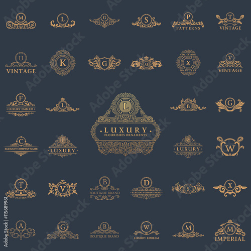 Luxury vintage logos set. Calligraphic emblems and elements