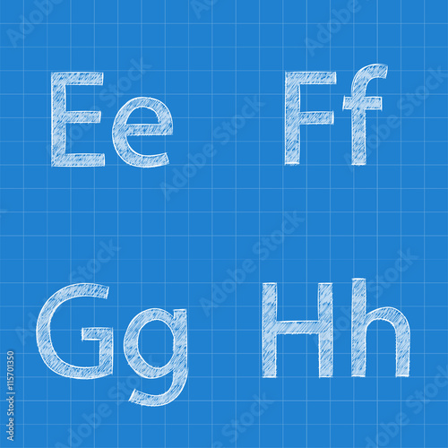 Sketched letters E F G H on blueprint background