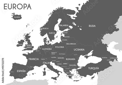 Political map of Europe in gray color with white background and