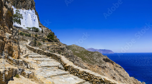 Amorgos island, Cyclades, Greece. Spectacular monastery on the rock Panagia Hozovitissa on the cliff. 