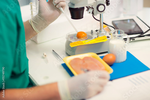 Quality control expert inspecting at chicken eggs in the laboratory