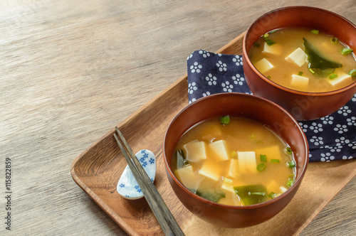 classic miso soup with tofu and wakame seaweed