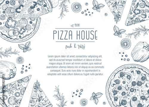 Vintage pizza frame vector illustration. Hand drawn with ink. Pizza design template.