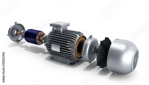 electric motor in disassembled state 3d illustration on a white