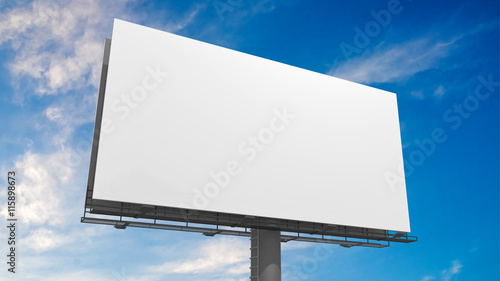 3D illustration of blank white billboard against blue sky.
