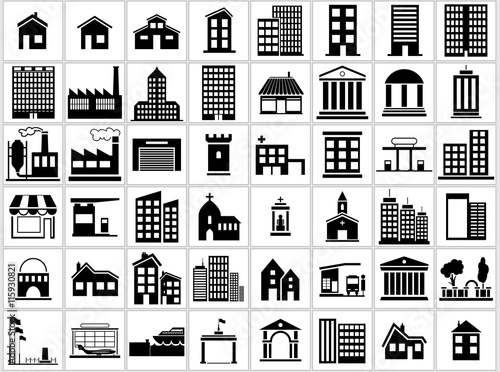 Building Icons Set - Black and White Icon Collection, Vector Illustration