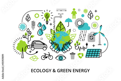 Modern flat thin line design vector illustration, infographic concept of ecology problem, generation and saving green energy for graphic and web design