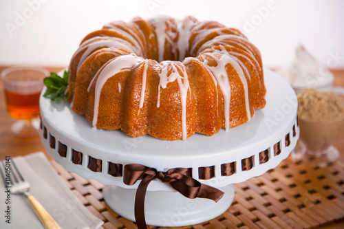 Entire round bundt cake frosted glaze rum brandy holiday dessert 