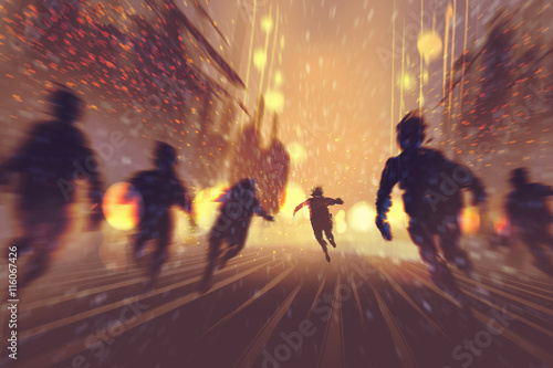 man runing away from zombies,burning city in background,illustration,digital painting