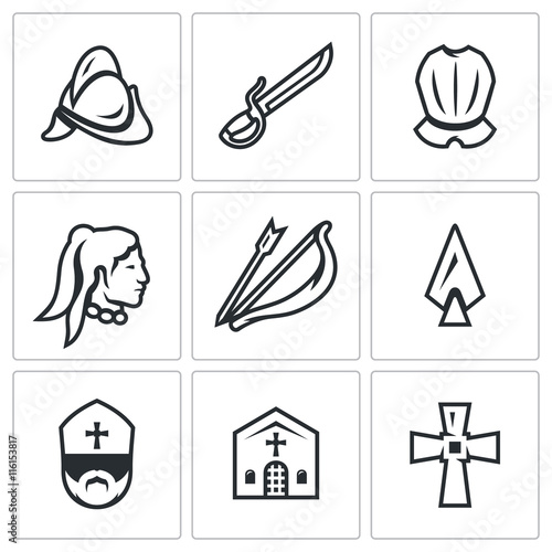 Vector Set of Spanish Conquistador Icons. Helmet, Saber, Armor, Native American, Bow, Arrow, Spear, Bishop, Church, Cross.