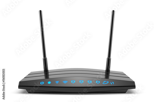 Wireless wi-fi black router with two antennas and blue indicator