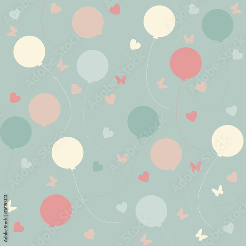 Seamless pattern with colorful balloons and hearts isolated on l