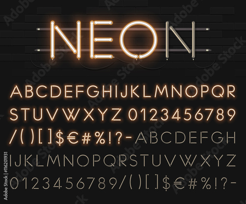 Realistic neon alphabet on a background of black brick wall. Bright glowing font. Vector format