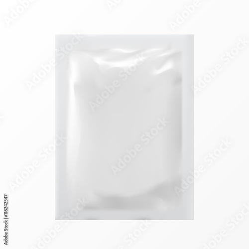 Realistic White Blank template Packaging Foil wet wipes Pouch Medicine. Food Packing Coffee, Salt, Sugar, Pepper, Spices, Sweets. Mock up for Your Design.