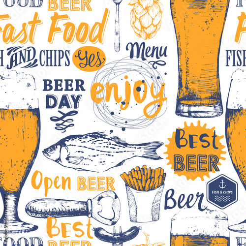 Seamless pattern with beer, snack in sketch style. 